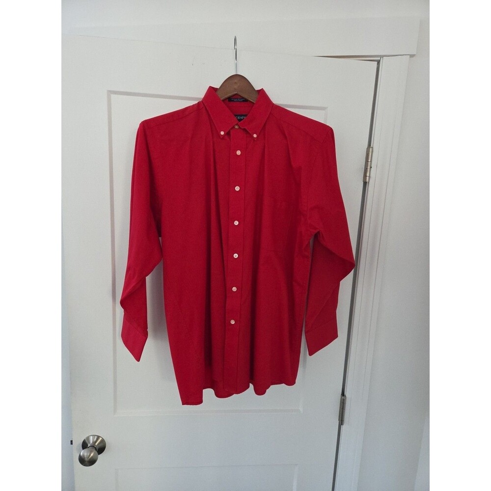 #86 Chaps Men's Large 16-16.5 32/33 Beige red button up shirt